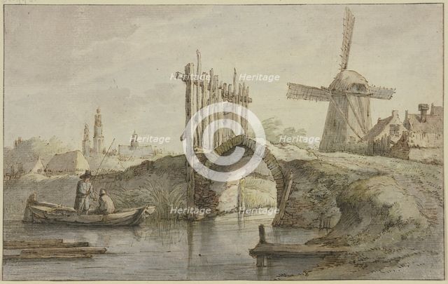 Gated pointed-arch canal bridge, a windmill on the right, two anglers in a boat on the left. Creator: Anthonie van Borssom.