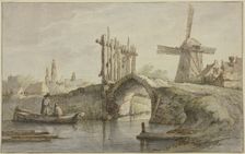 Gated pointed-arch canal bridge, a windmill on the right, two anglers in a boat on the left. Creator: Anthonie van Borssom