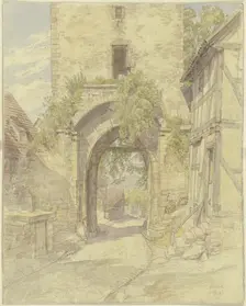 Gateway in Waldeck with a view of a road leading downhill, 1880. Creator: Peter Becker