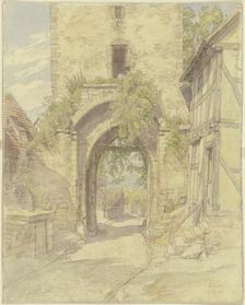 Gateway in Waldeck with a view of a road leading downhill, 1880. Creator: Peter Becker