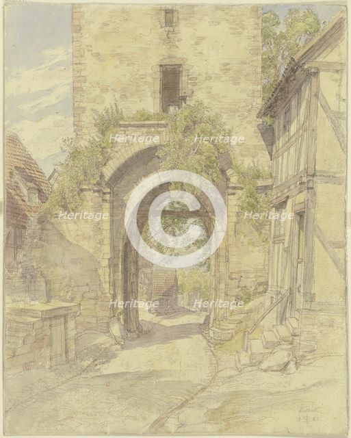 Gateway in Waldeck with a view of a road leading downhill, 1880. Creator: Peter Becker.