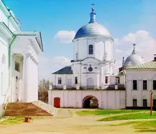 Gateway into Nil's Hermitage [St Nil Stolbensky Monastery, Lake Seliger], 1910. Creator: Sergey Mikhaylovich Prokudin-Gorsky