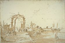 Gateway Near a Landing Bridge, 1780/85. Creator: Francesco Guardi