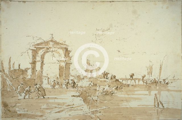 Gateway Near a Landing Bridge, 1780/85. Creator: Francesco Guardi.