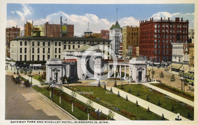 Gateway Park and Nicollet Hotel, Minneapolis, Minnesota, USA, 1915. Artist: Unknown