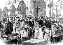 Gathering of English pilgrims, pro-Cathedral Kensington, for the pilgrimage to Paray-le-Monial, 1873 Creator: Unknown