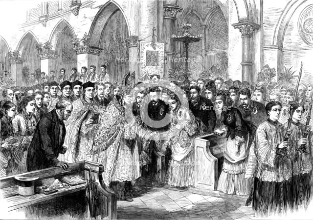 Gathering of English pilgrims, pro-Cathedral Kensington, for the pilgrimage to Paray-le-Monial, 1873 Creator: Unknown.