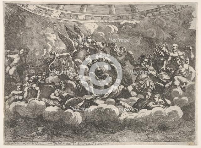 Gathering of various Olympian gods and mythological figures among clouds, Apollo at ce..., ca. 1680. Creator: Pietro Santi Bartoli.