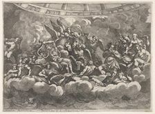 Gathering of various Olympian gods and mythological figures among clouds, Apollo at ce..., ca. 1680. Creator: Pietro Santi Bartoli