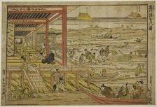 Gathering Shellfish at Low Tide at Shinagawa (Shinagawa shiohigari no zu), 1740s. Creator: Furuyama Moromasa