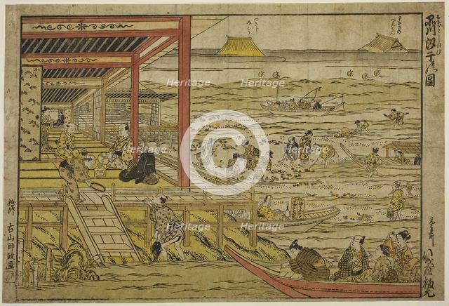 Gathering Shellfish at Low Tide at Shinagawa (Shinagawa shiohigari no zu), 1740s. Creator: Furuyama Moromasa.
