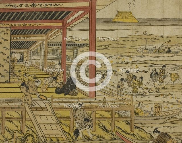 Gathering Shellfish at Low Tide at Shinagawa (Shinagawa shiohigari no zu), 1740s. Creator: Furuyama Moromasa.