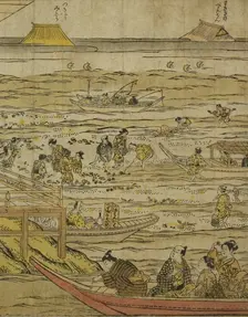 Gathering Shellfish at Low Tide at Shinagawa (Shinagawa shiohigari no zu), 1740s. Creator: Furuyama Moromasa