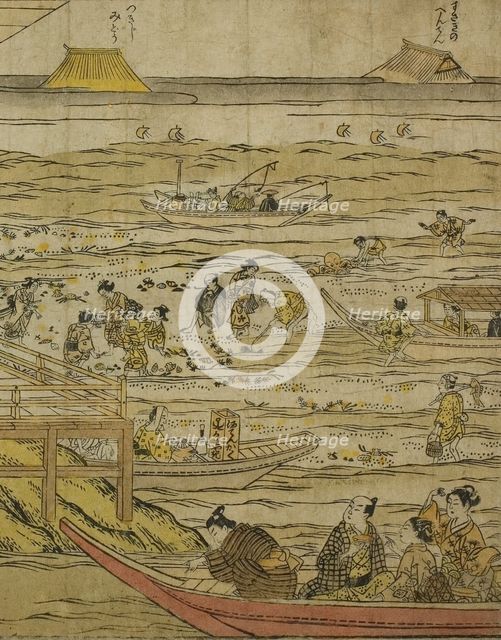 Gathering Shellfish at Low Tide at Shinagawa (Shinagawa shiohigari no zu), 1740s. Creator: Furuyama Moromasa.