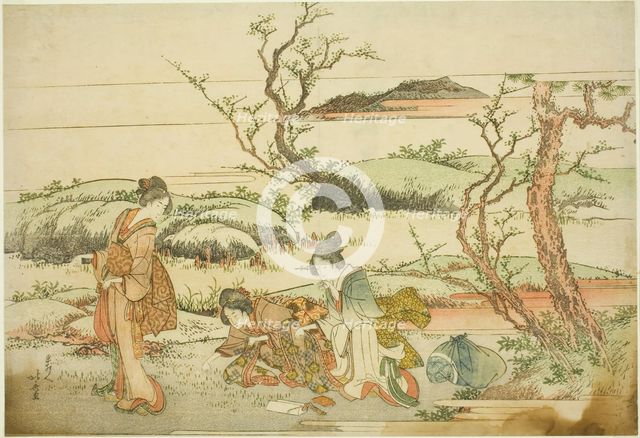 Gathering spring greens, from the album "Fuji in Spring (Haru no Fuji)", Japan, 1803. Creator: Hokusai.