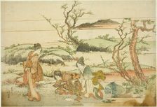Gathering spring greens, from the album "Fuji in Spring (Haru no Fuji)", Japan, 1803. Creator: Hokusai