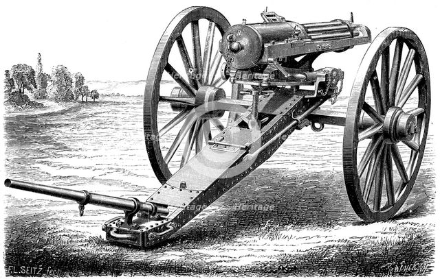 Gatling rapid fire gun, 1861-1862 (1872).  Artist: Anon