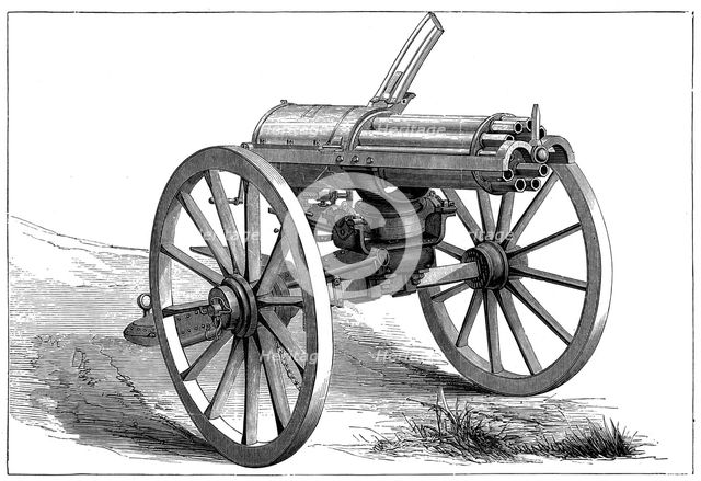 Gatling rapid fire gun, 1870.  Artist: Anon
