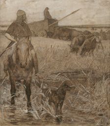 Gauls on horseback, sketch for the amphitheatre of palaeontology at the Museum of Natural..., 1897. Creator: Fernand Cormon