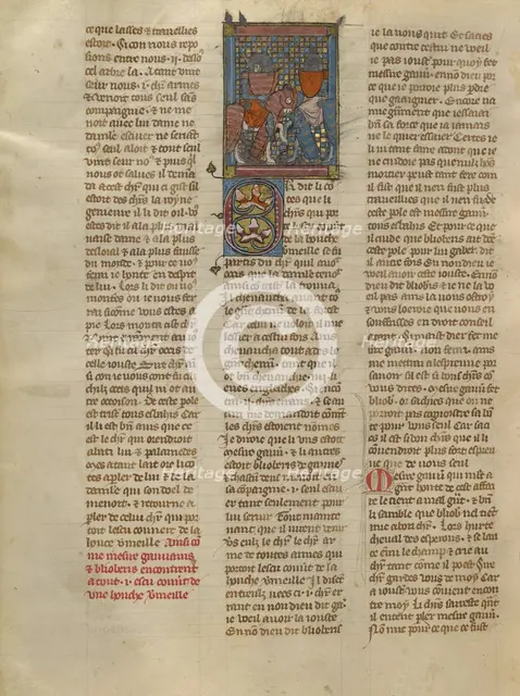 Gauvain and Blioberis Meeting a Knight with a Red Shield, about 1320-1340. Creator: Jeanne de Montbaston.