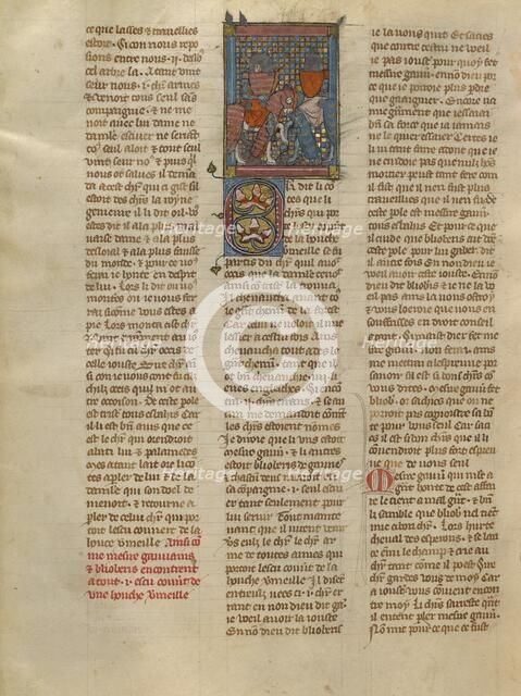 Gauvain and Blioberis Meeting a Knight with a Red Shield, about 1320-1340. Creator: Jeanne de Montbaston.