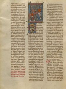 Gauvain and Blioberis Meeting a Knight with a Red Shield, about 1320-1340. Creator: Jeanne de Montbaston