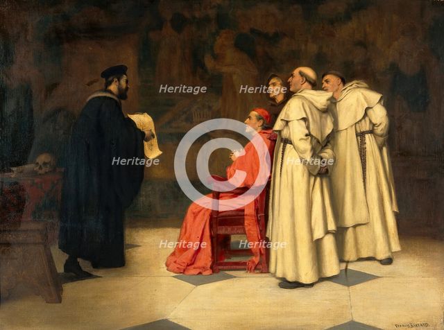 Gabriel Falloppius [Fallopius] explaining one of his discoveries to the Cardinal Duke of Ferrara. Creator: Francis Barraud.
