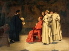 Gabriel Falloppius [Fallopius] explaining one of his discoveries to the Cardinal Duke of Ferrara. Creator: Francis Barraud