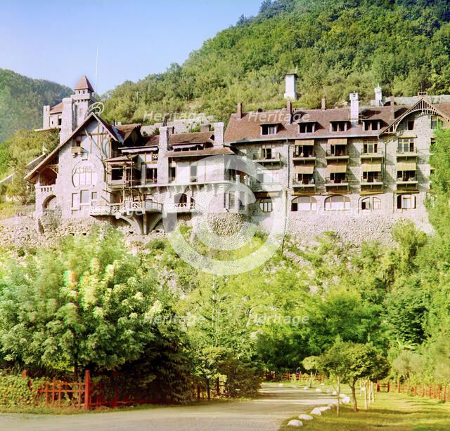 Gagra: view of Prince Oldenburg's palace from the wharf, between 1905 and 1915. Creator: Sergey Mikhaylovich Prokudin-Gorsky.