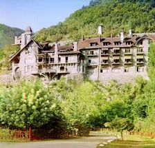 Gagra: view of Prince Oldenburg's palace from the wharf, between 1905 and 1915. Creator: Sergey Mikhaylovich Prokudin-Gorsky