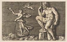 Galatea escaping Polyphemus; he is seated on a rock holding a staff and pipes and..., ca. 1515-1600. Creator: Unknown