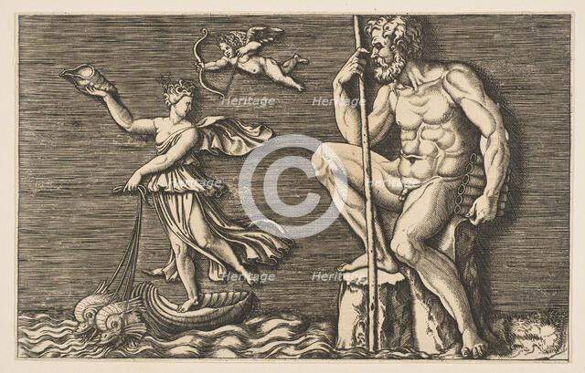 Galatea escaping Polyphemus; he is seated on a rock holding a staff and pipes and..., ca. 1515-1600. Creator: Unknown.