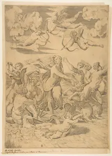 Galatea riding in a shell pulled through the water by dolphins, a cupid below and f..., ca. 1515-27. Creator: Marco Dente