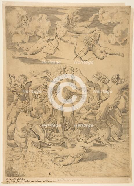 Galatea riding in a shell pulled through the water by dolphins, a cupid below and f..., ca. 1515-27. Creator: Marco Dente.