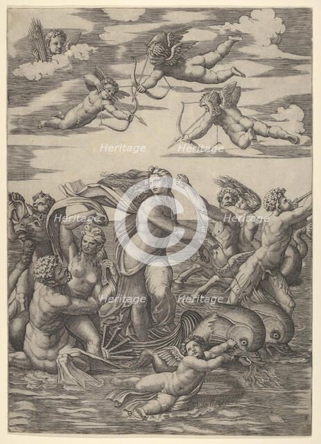 Galatea standing in a water-chariot pulled by two dolphins, surrounded by tritons, nere..., 1515-16. Creator: Marcantonio Raimondi.