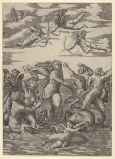 Galatea standing in a water-chariot pulled by two dolphins, surrounded by tritons, nere..., 1515-16. Creator: Marcantonio Raimondi