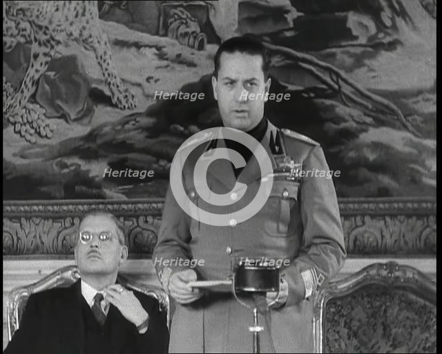 Galeazzo Ciano, Italian Foreign Minister Giving a Speech with Kurt Schuschnigg, Austrian..., 1930s. Creator: British Pathe Ltd.