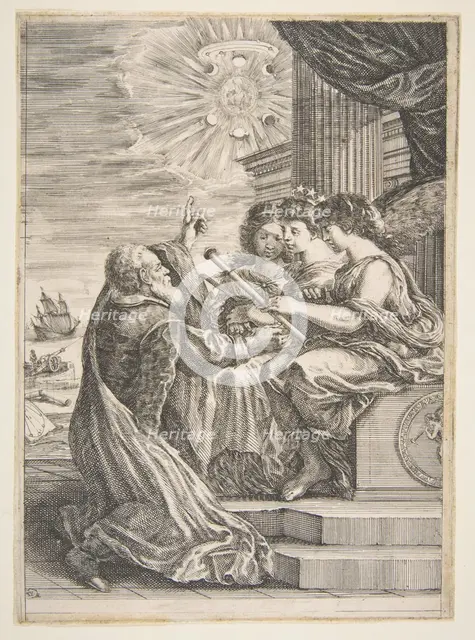 Galileo and personifications of Astronomy, Perspective and Mathematics, frontispiece for '..., 1656. Creator: Stefano della Bella.