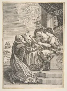 Galileo and personifications of Astronomy, Perspective and Mathematics, frontispiece for ..., 1656. Creator: Stefano della Bella