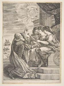 Galileo and personifications of Astronomy, Perspective and Mathematics, frontispiece for ..., 1656. Creator: Stefano della Bella