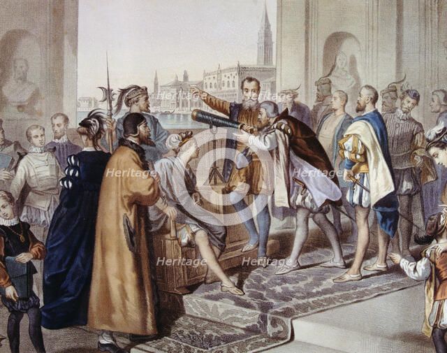 Galileo Galilei (1564 - 1642), Italian astronomer and physicist showing his invention of the tele…