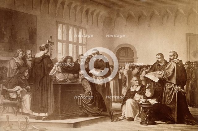 Galileo Galilei at his trial by the Inquisition in Rome in 1633. Creator: Unknown.
