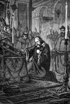 Galileo Galilei, Italian astronomer and mathematician recanting, 1633 (1880)