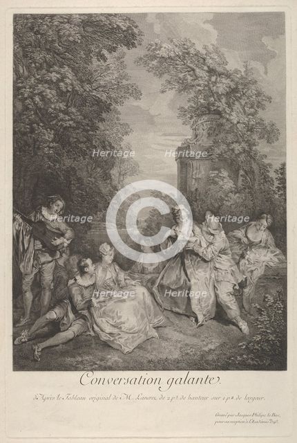 Gallant conversation' (Conversation galante): couples engage in conversation in a garden ..., 1743. Creator: Jacques Philippe Le Bas.