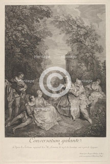Gallant conversation' (Conversation galante): couples engage in conversation in a garden ..., 1743. Creator: Jacques Philippe Le Bas.