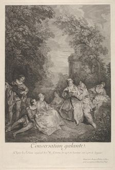 Gallant conversation (Conversation galante): couples engage in conversation in a garden ..., 1743. Creator: Jacques Philippe Le Bas