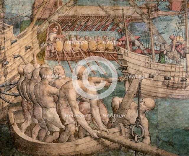 Galley slaves. Detail from: Emperor Charles V Captures Tunis (Tapestry Cartoon), c. 1548. Creator: Vermeyen, Jan Cornelisz. (1504-1559).