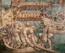 Galley slaves. Detail from: Emperor Charles V Captures Tunis (Tapestry Cartoon), c. 1548. Creator: Vermeyen, Jan Cornelisz. (1504-1559)