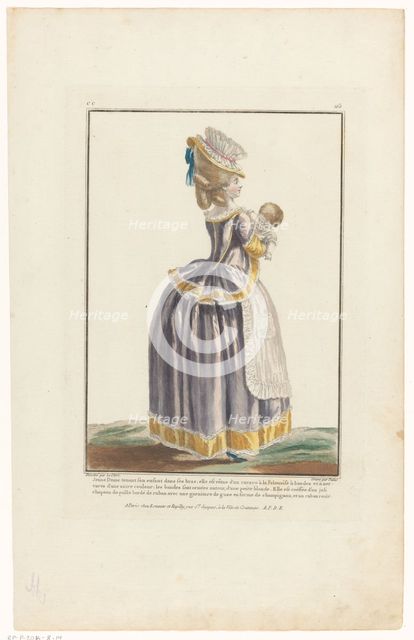 Gallery of French Fashions and Costumes, 1779, cc 160: Young lady holding her (...), 1782. Creator: Jean-Baptiste Patas.
