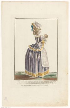Gallery of French Fashions and Costumes, 1779, cc 160: Young lady holding her (...), 1782. Creator: Jean-Baptiste Patas